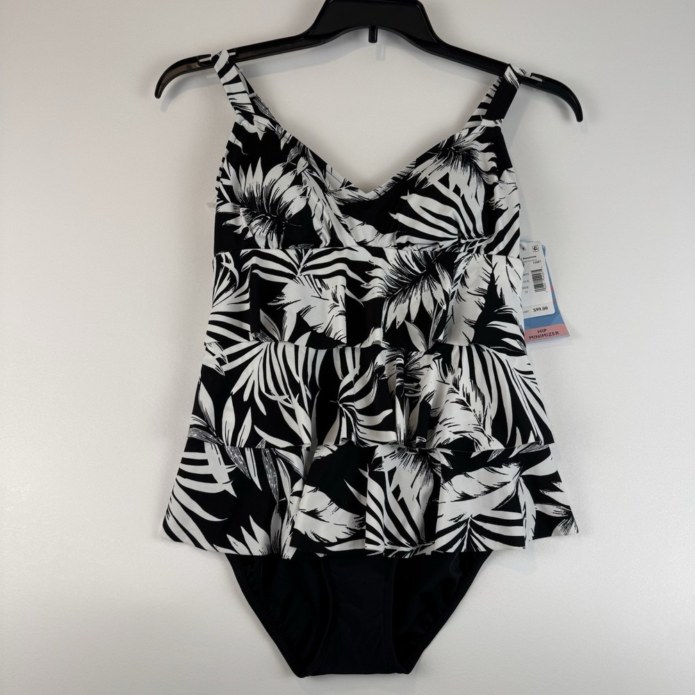 Swim Solutions Triple Tier Fauxkini Swimsuit Black White Palm Leaf Size 10 NEW - Picture 2 of 13